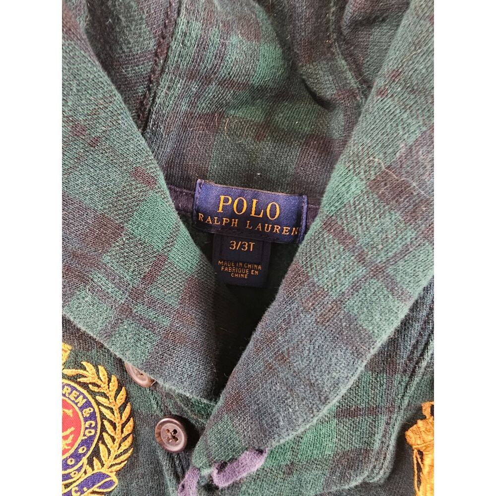 Polo Ralph Lauren boy's green tartan plaid fleece Sweater Sz 3T Green Blue - Picture 4 of 5
